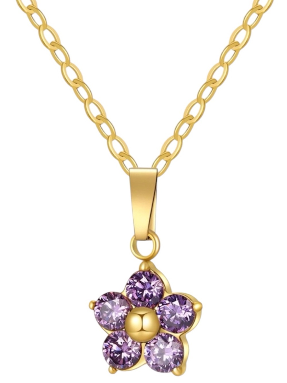 Purple Cubic Zirconia Flower Necklace 18K Gold Plated Stainless Steel